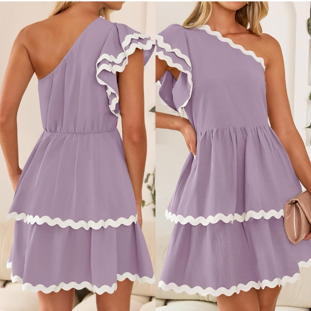 NWT Summer One Shoulder Dresses‎ Ruffle Short Sleeve Tiered Layered Swing A Line